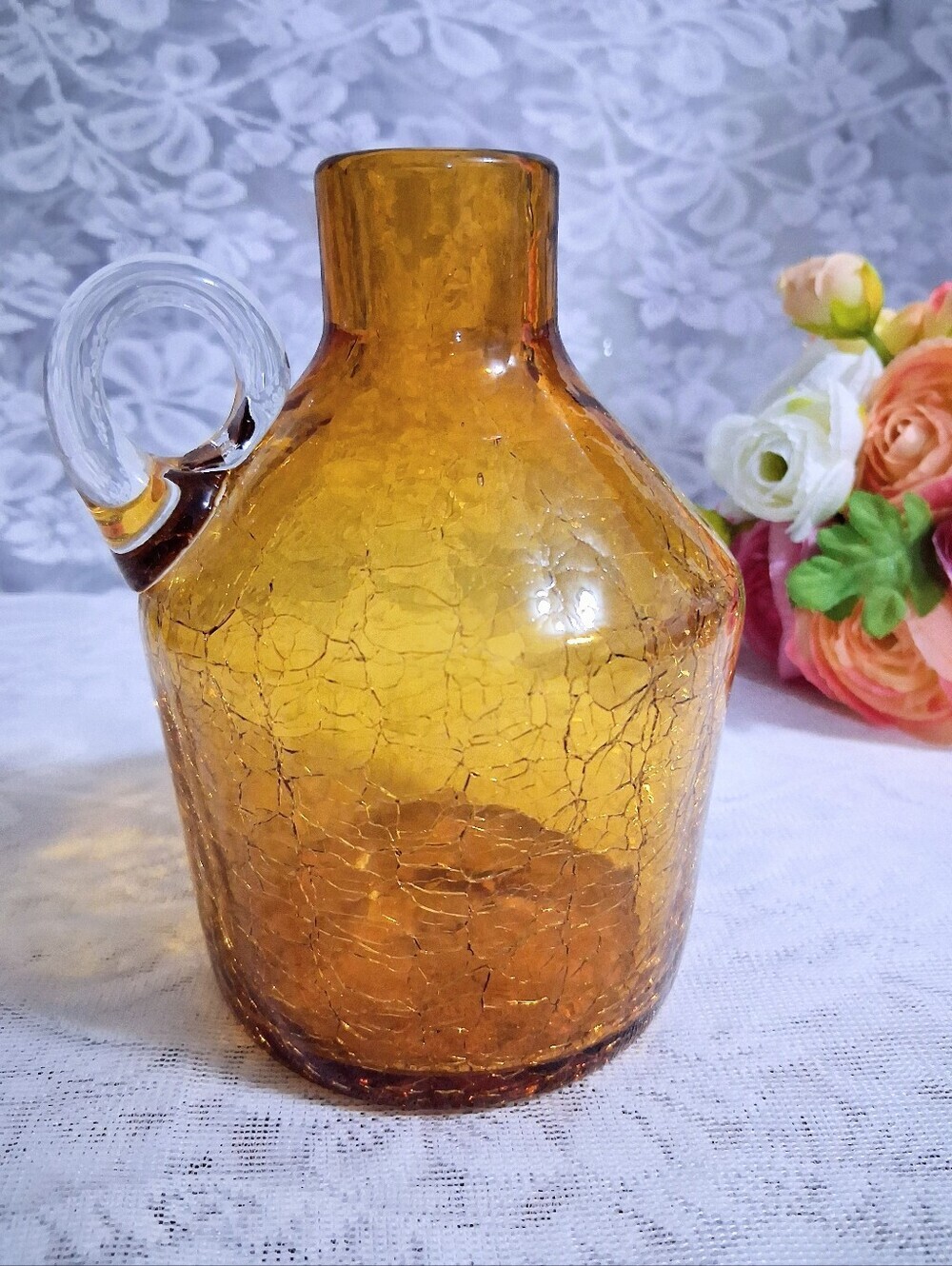 Vintage Viking Crackle Glass Moonshine Jug Honey Amber 5.75" MCM